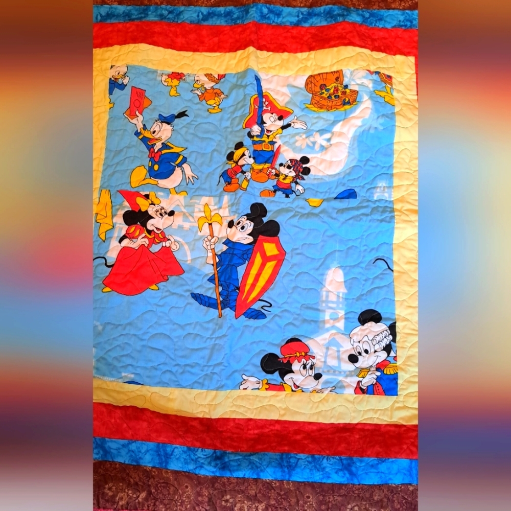 Handmade Baby Quilt Mickey Mouse and Donald Duck Themed 40x42 Hand Quilted